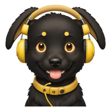 black happy dog wearing yellow headphones sticker