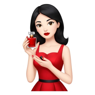 A grown woman wearing a red dress , red lipstick , black hair while holding perfume oils  sticker