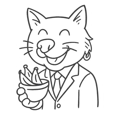 cat with a dog nose, wearing a suit, earring, holding a cup of bananas, playful expression sticker