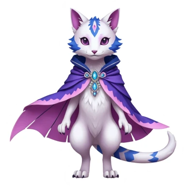 Kawaii white, indigo, purple, pink cute beautiful pretty elegant divine edgy feline-vernid-sergal-Fakémon-Pokémon-Digimon-fursona-animal-creature, full body, with intricate detailed markings, Embroidered capelet, silken shawl sticker