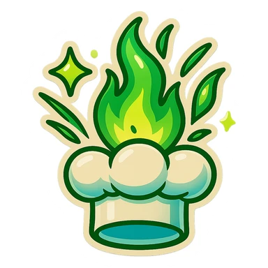 chef's hat explode with trails of fires, emoji, playful, magic flame green gradient, vibrant, flame matching style reference file sticker