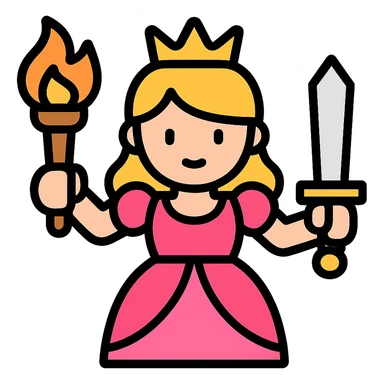 princess holding a torch and a sword, color outline icon sticker