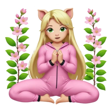 sexy and muscled, full body, in pink kegurumi pig pijamas, sexy girl, long blond hair, beautiful green eyes, makeup, earrings, muscled, surrounded by pink flowers and sakura petals sticker