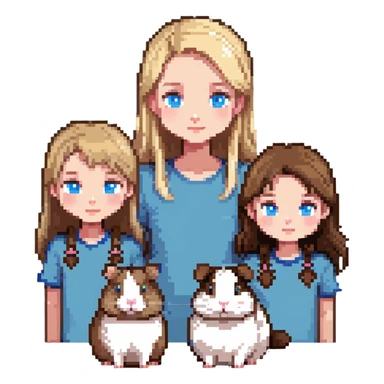 Family portrait with father with dark brown hair and blue eyes, mother with light brown hair and blue eyes, three blonde little girls with blue eyes, plus a grey cat and two guinea pigs sticker