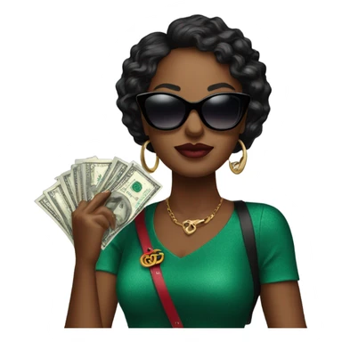 Create a black diva with sunglasses on holding a Gucci bag with money sticker