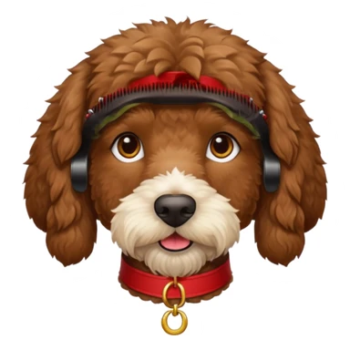 dark brown goldendoodle with straight fur and a red collar sticker