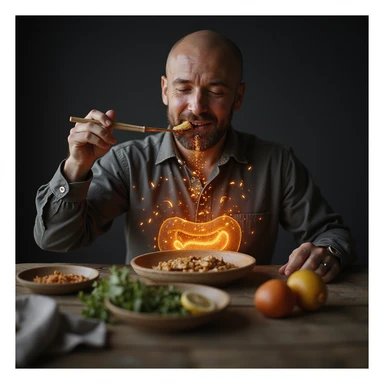hyperrealistic 4K image of a man eating slowly, food emits glowing trails of nutrients, gut microbiome illustrated as happy characters, Zen table setting, reference image for face sticker