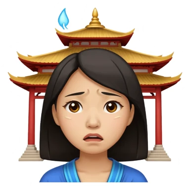 Asian woman agonizing over temple sticker