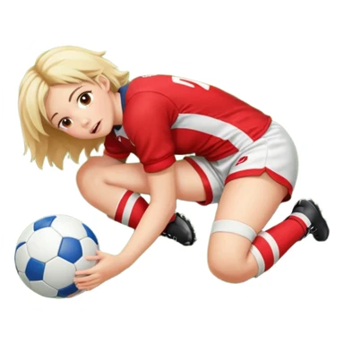 Chica de pelo rugby tirada en el suelo de un campo de rugby boca abajo agarrando un balón con las manos vestida con una equipación de color rojo y blanco con líneas y con unas botas de tacos de fútbol, con un bucal en la boca sticker