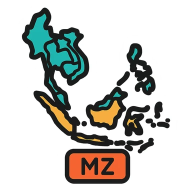 Southeast Asia map zone, modern, bold colors, labeled MZ, icon or logo style sticker