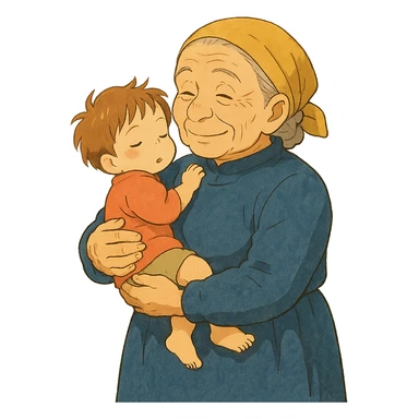 ghibli style old person holding a child in their arms sticker