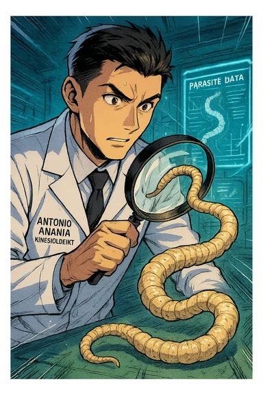A dynamic manga/webtoon-style illustration of a young male kinesiologist wearing a clean white lab coat, analyzing light beige worms like a tapeworm under a magnifying glass. His expression is focused and slightly intrigued, with sharp, detailed eyes. The art style is vibrant, with bold linework, rich colors, and dramatic lighting. The background is a futuristic laboratory with glowing holographic screens displaying parasite data. The tapeworm is intricately drawn, slimy and segmented, with a slightly exaggerated yet realistic texture. The composition is dynamic, with motion lines or energy effects to emphasize his scientific investigation. The atmosphere is intense but not dark, keeping a balance between scientific seriousness and stylish manga aesthetics, he has "ANTONIO ANANIA" WRITTEN ON WHITE LAB COAT sticker