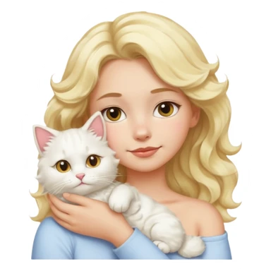 a girl with wavy blonde hair, a white fluffy cat lying on her left shoulder and neck, emoji style sticker
