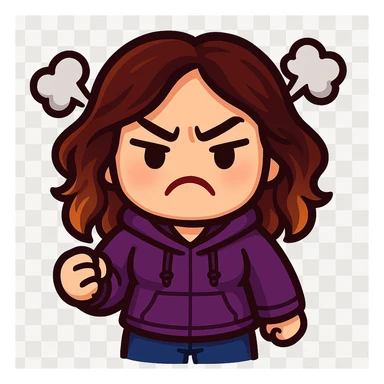 chibi emote of the woman from the reference images, wearing a purple hoodie and jeans, angry with steam puffs, no headband, no wand, transparent background sticker