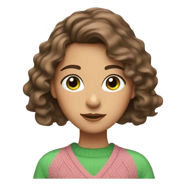 Caucasian brunette girl with wavy hair and green eyes and a pink sweater sticker