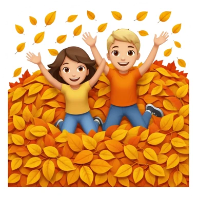 two children mid-air above a big pile of orange and yellow leaves, smiling faces sticker