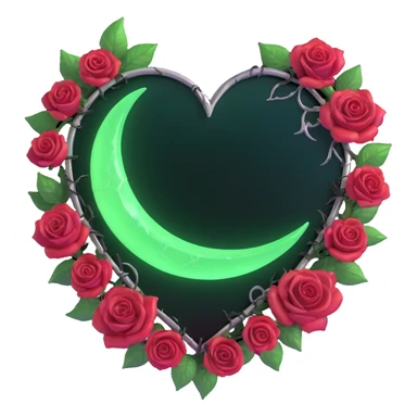 gothic heart made of obsidian glass, silver crescent moon, glowing crimson roses, holographic stardust, neon green lightning, wet and cracked glass sticker