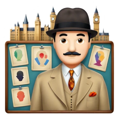Icon for Detective Movies: A colorful collage with Hercule Poirot and mysterious city backdrop. Include a board with photos of suspects, clues like fingerprints and a crime scene. Retro movie poster style. Transparent background. sticker