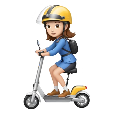 Lady with brown hair riding an electric scooter wearing a helmet  sticker