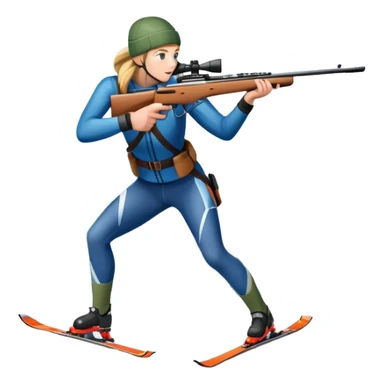 An icon showing a snowy landscape with pine trees, mountains, and a clear sky with a biathlete aiming a rifle in the foreground, wearing winter gear and skis. Transparent background emphasizes the precision, endurance, and beauty of this winter sport. sticker