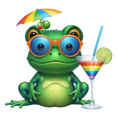 Bufo frog with blue sunglasses, sipping a rainbow cocktail, in bufo style, transparent background sticker