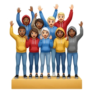 multi-racial group on a winners’ podium, middle step higher, no numbers, all in jeans and hoodies, very excited, fun, expressive emoji style sticker