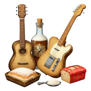 steampunk victorian - a bottle of salt (salt shaker) and a loaf of peasant bread with a small electric telecaster guitar - still life composition sticker