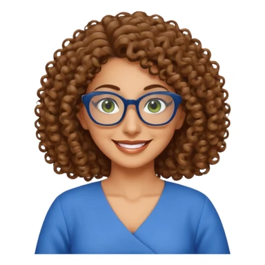 40 yr old Iranian woman, light brown very curly thick hair, shoulder length hair, green eyes, tan skin, big smile, big glasses, with pretty blue dress sticker