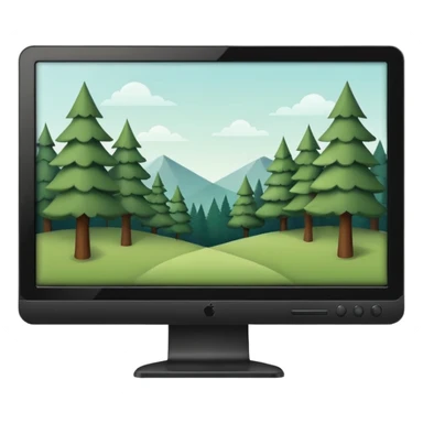 Minimalistic flat vector icon, iOS style, thin black contour on white background. Computer monitor with a simple forest scene on the screen (trees, minimal landscape). Clean, no text, no shadows sticker