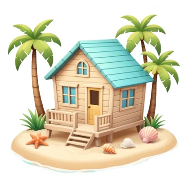 cute beach house, small seaside house, wooden walls, pastel colors, palm trees, seashells, warm sunlight, 3D cartoon, mobile game icon style, soft shadows, clean background, no text, no watermark
 sticker