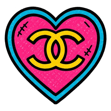 Chanel heart in vibrant pop colors style, bold, black and white, with gold accents sticker