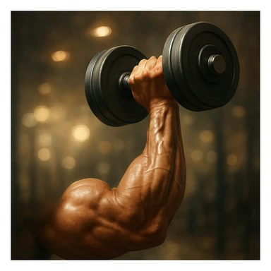 realistic illustration of a well-developed bicep muscle lifting a dumbbell, focus on the arm and contracting bicep, motivational atmosphere sticker