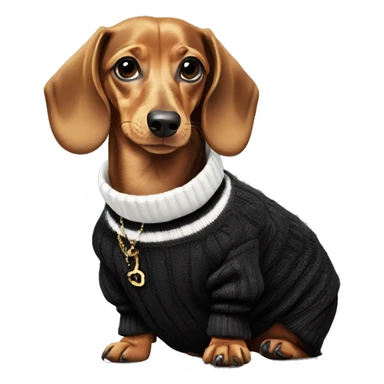 Dachshund wearing black and white Sweater with chanel logo  sticker