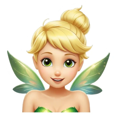 Cinematic Realistic Blonde Tinker Bell Fairy Portrait, head tilted dramatically with an exaggeratedly amused expression, featuring a striking, lively pixie form with radiant golden blonde hair and luminous, iridescent wings dusted with playful sparkles. Her expressive eyes brim with cheeky mischief, rendered with vibrant, lifelike textures and dynamic natural lighting that imbues the scene with an air of magical whimsy and over‐the‐top fairy fun. sticker