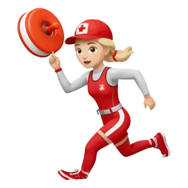 Female lifeguard – red cap, running along shore with rescue buoy sticker