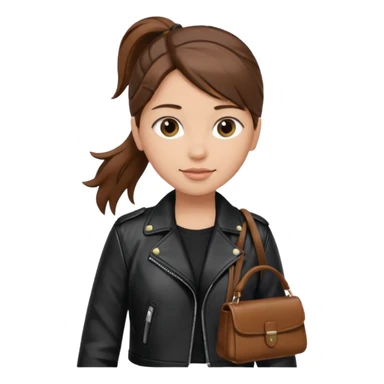 A girl with a pony tail brown hair and white ish skin with a black jacket and a brown purse  sticker