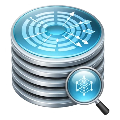 An icon featuring stacked server disks, a digital network grid, and binary code, symbolizing databases. The design includes data flow arrows and a magnifying glass, representing storage, organization, and retrieval of information. Transparent background highlights data-driven technologies. sticker