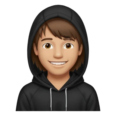 20 yr old man, brown hair, straight, big smile, white teeth, tanned skin, bangs, black hooded sweatshirt, long hair in back, center-parted bangs sticker