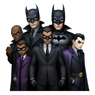 Icon for Thriller Movies: A large, dramatic collage featuring sinister villains in dark clothing. The background shows the gloomy cityscape of Gotham, with dim lighting and eerie shadows. The atmosphere should be tense, mysterious, and suspenseful. Transparent background. sticker