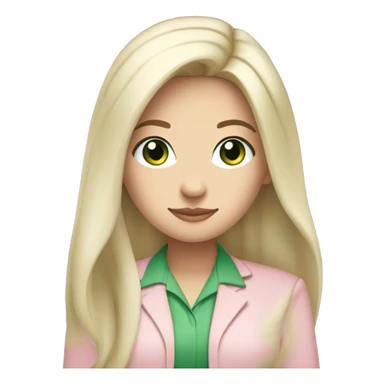 A pretty white girl with very long black hair and green eyes working in a light pink work attire sticker