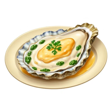 steaming oyster on a platter covered with melted cheese sticker
