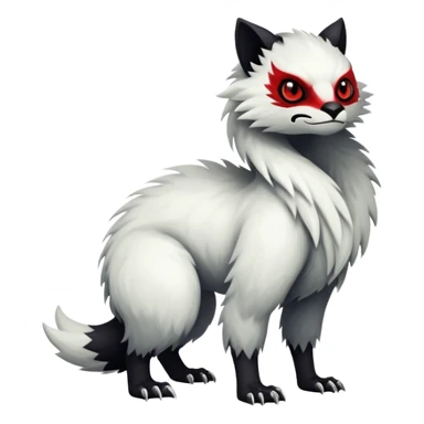 a white exotic edgy vernid-fionbr-Fakémon-creature, with black belly and red eyes, full body sticker