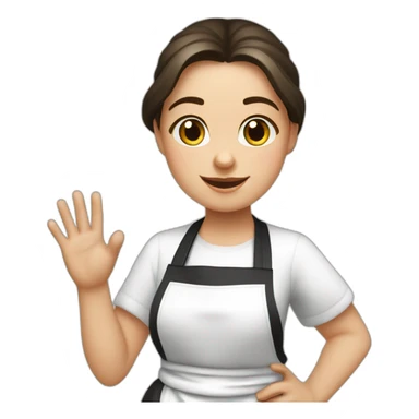 Slavic girl in a white T-shirt and a completely black apron waves hello with her right hand sticker