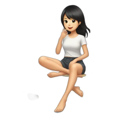 Black haired Asian girl sitting with legs crossed in mirror selfie sticker