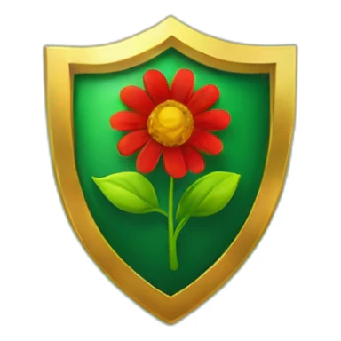 green shield with a gold border and a sprouting gold and red flower at the centre sticker