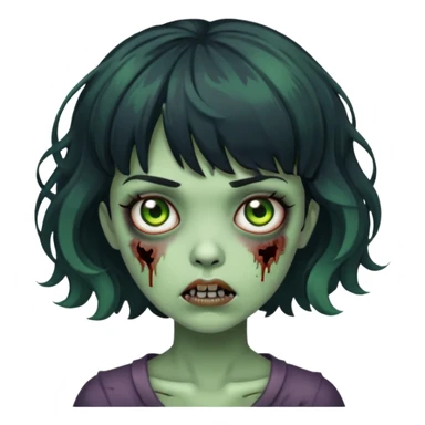 zombie girl with short wavy hair and black bangs, greenish skin sticker