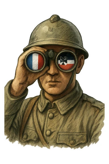Военный времен Первой мировой смотрит прямо на зрителя в бинокль в одной линзе отражается французский флаг, в другой флаг Германской империи, слегка рисованный, но при этом объемный стиль, прозрачный фон sticker