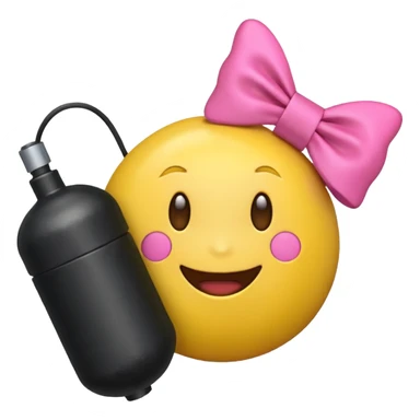 A happy face emoji holding a bomb and the bomb has a cute pink bow on the bomb sticker