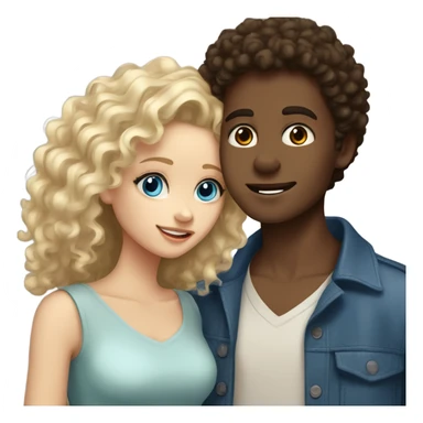 dark brown haired boy with fluffy hair and with brown eyes and light skin kissing a blonde curly haired girl with blue eyes sticker