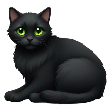 Black extra furry cat fully body laying down with green eyes sticker